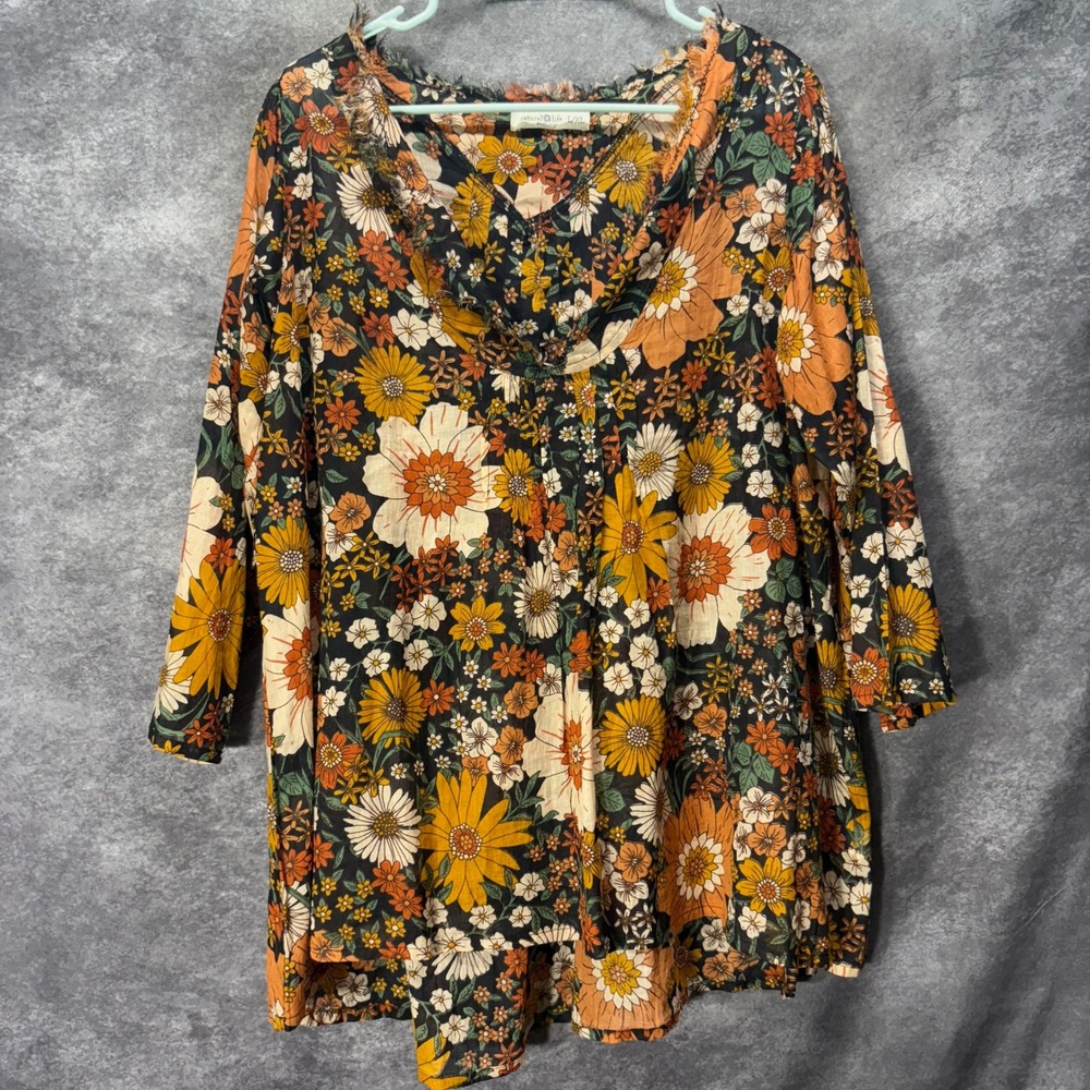 Natural Life Boho Floral Top Size L/XL Frayed Neckline Brown Orange Bloomcore